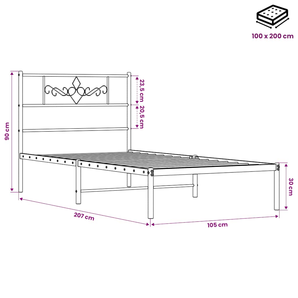 sengeramme med sengegavl 100x200 cm metal sort