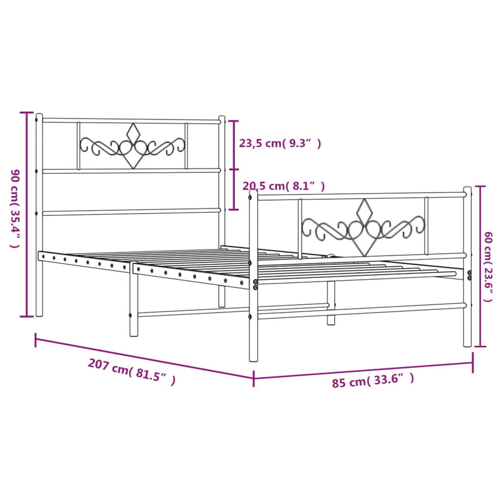 sengeramme med sengegavl og fodgærde 80x200 cm metal sort