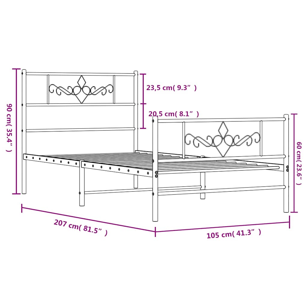 sengeramme med sengegavl og fodgærde 100x200 cm metal sort
