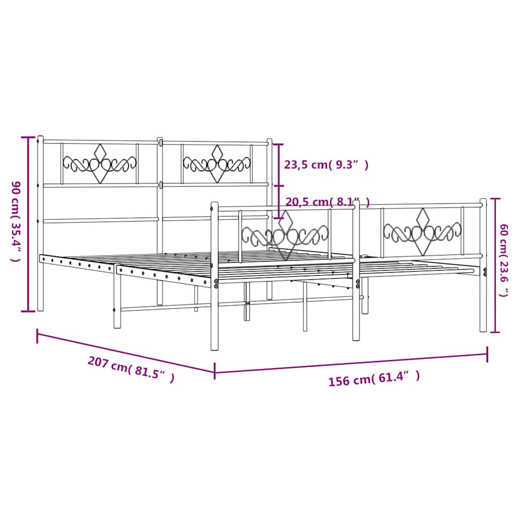 sengeramme med sengegavl og fodgærde 150x200 cm metal sort