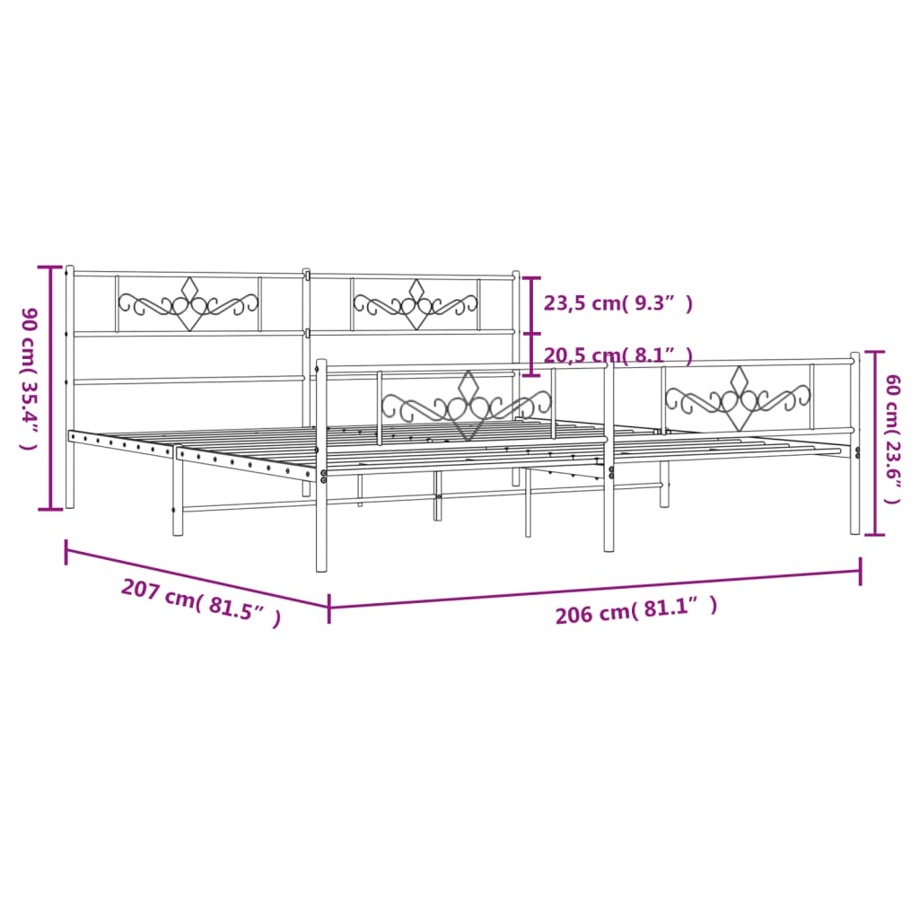sengeramme med sengegavl og fodgærde 200x200 cm metal sort