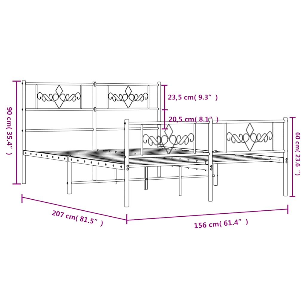 sengeramme med sengegavl og fodgærde 150x200 cm metal hvid