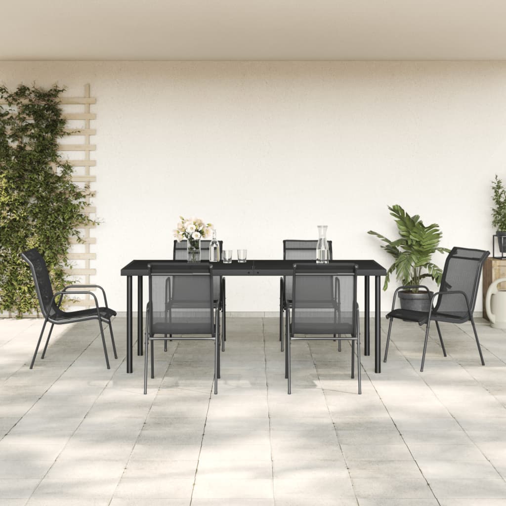 spisebordssæt til haven 7 dele stål og textilene sort