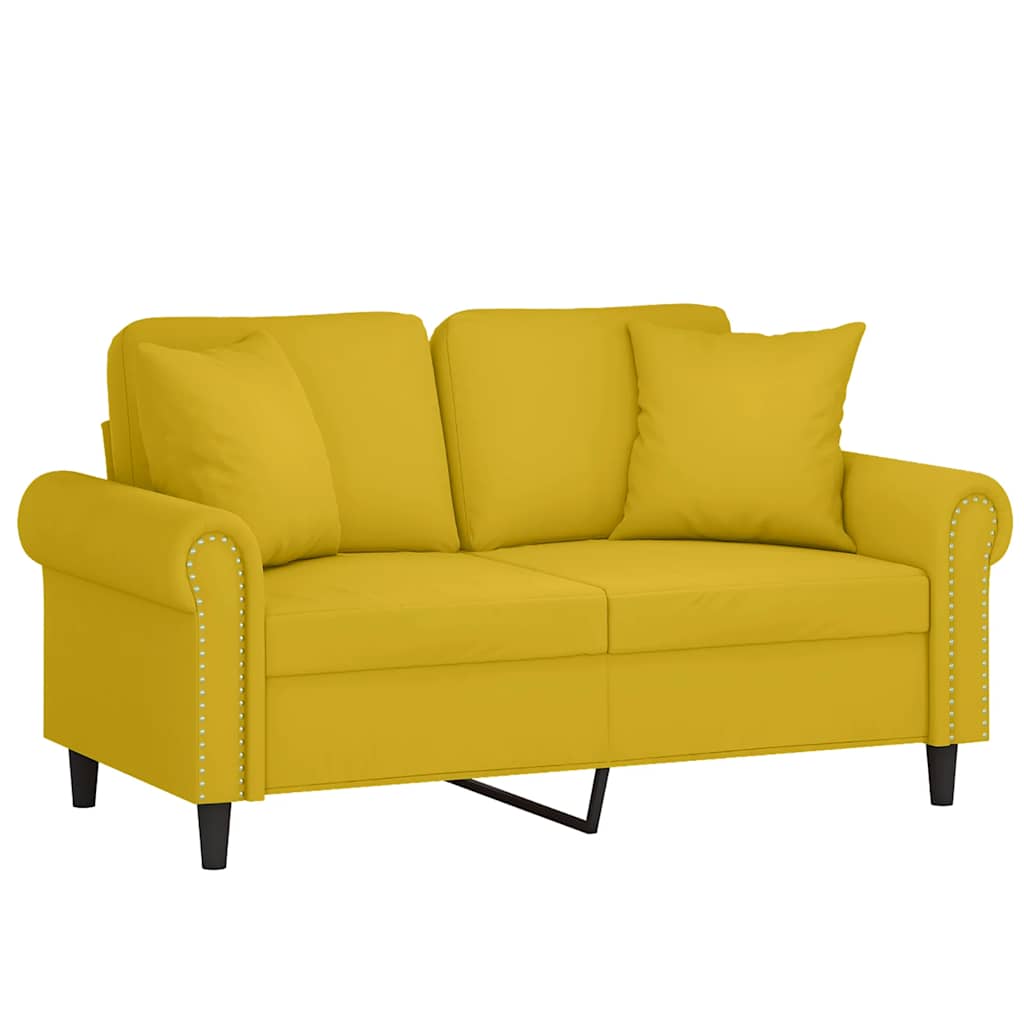 2-personers sofa med pyntepuder 120 cm velour gul