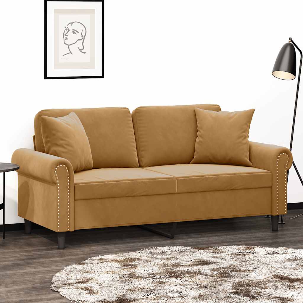 2-personers sofa med pyntepuder 140 cm velour brun