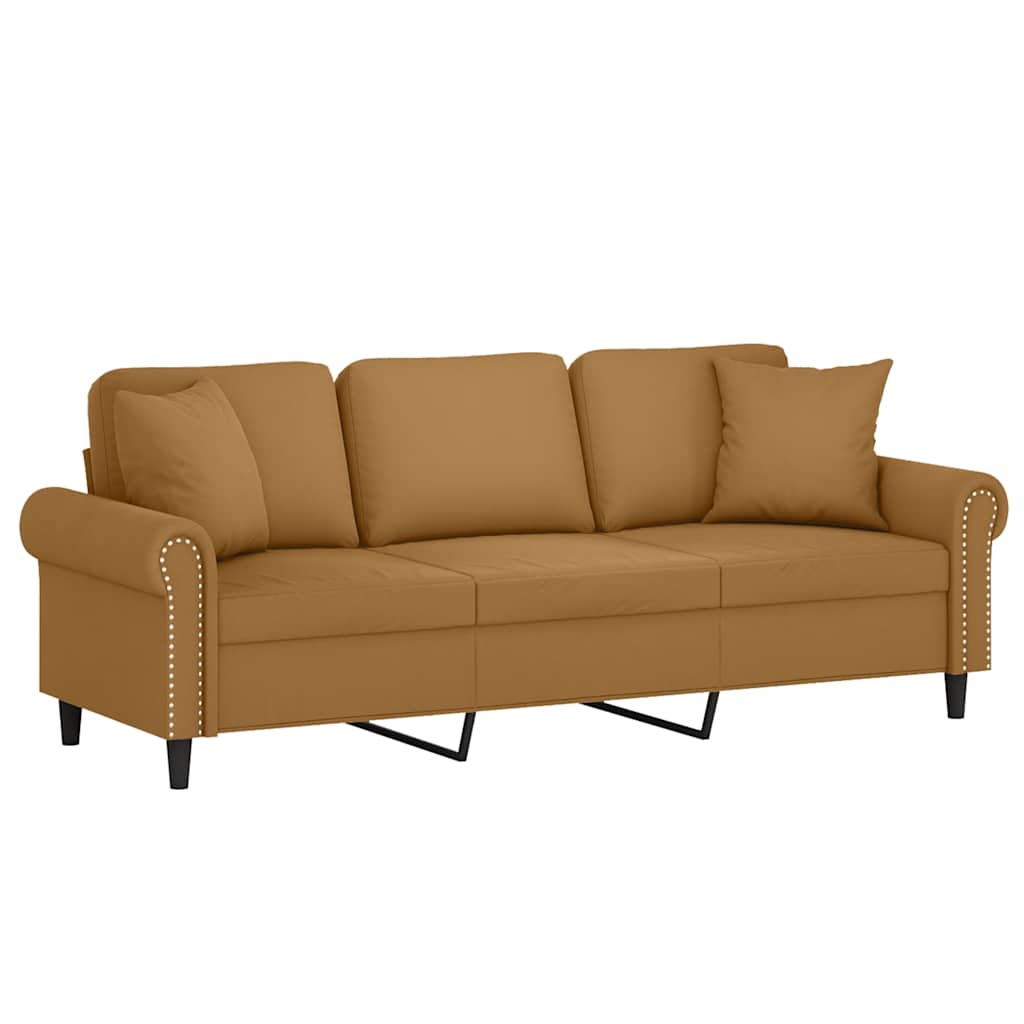 3-personers sofa med pyntepuder 180 cm velour brun