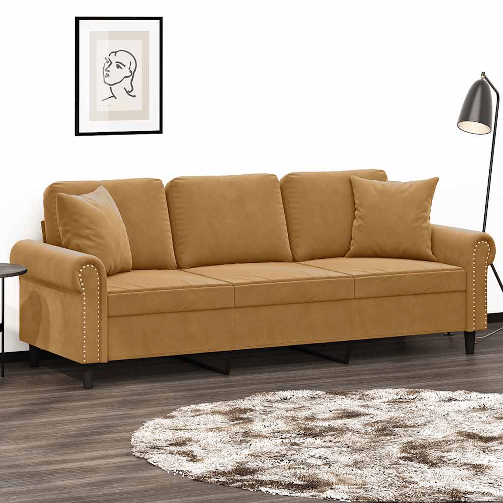 3-personers sofa med pyntepuder 180 cm velour brun