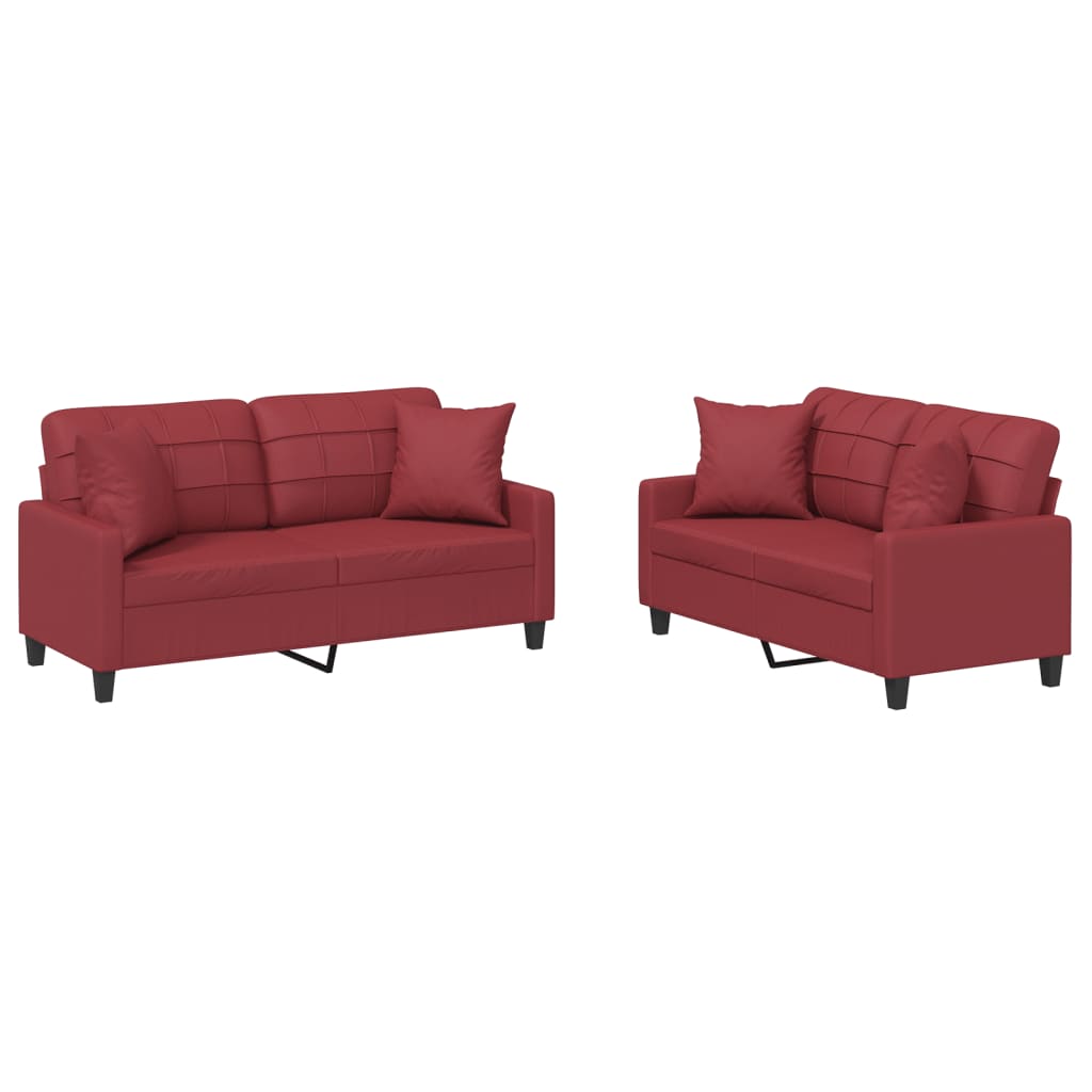 sofasæt 2 dele med puder kunstlæder vinrød