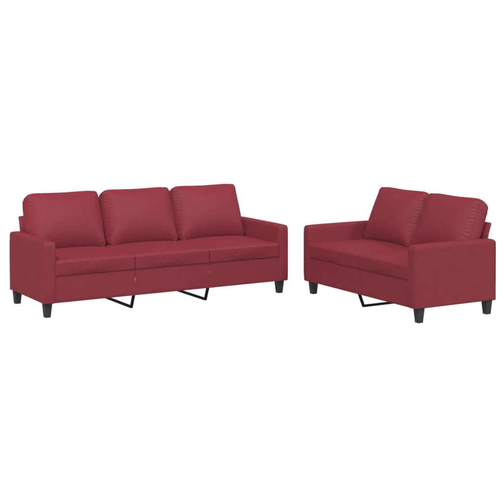 sofasæt 2 dele med hynder kunstlæder vinrød