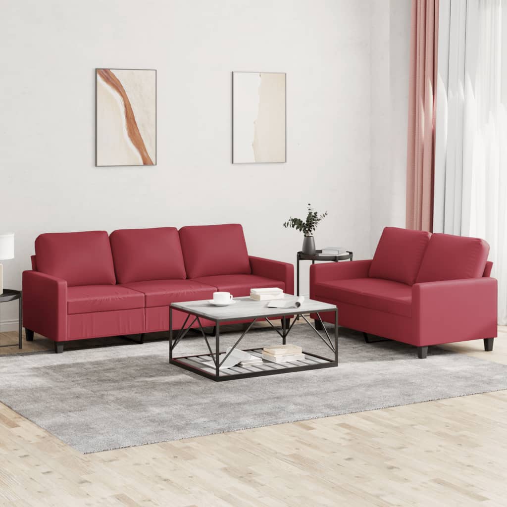 sofasæt 2 dele med hynder kunstlæder vinrød
