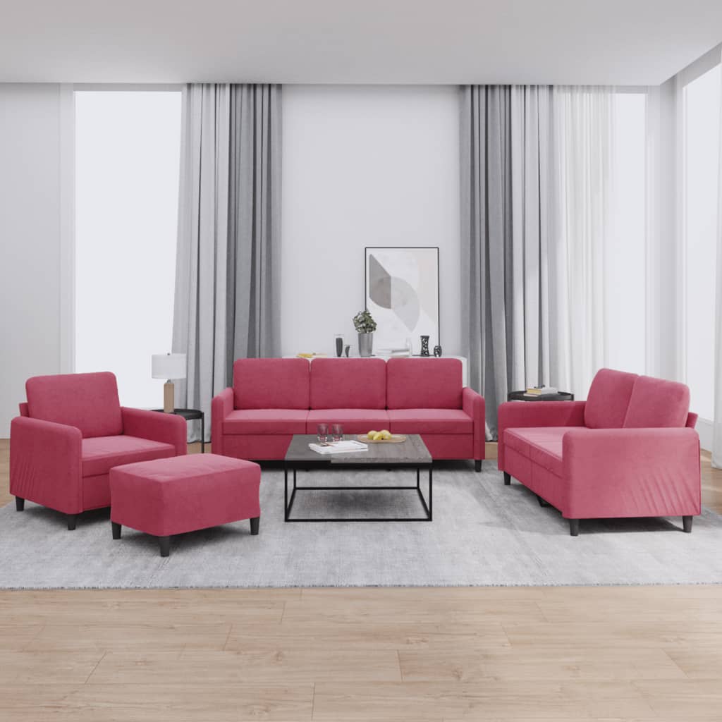 sofasæt 4 dele velour vinrød