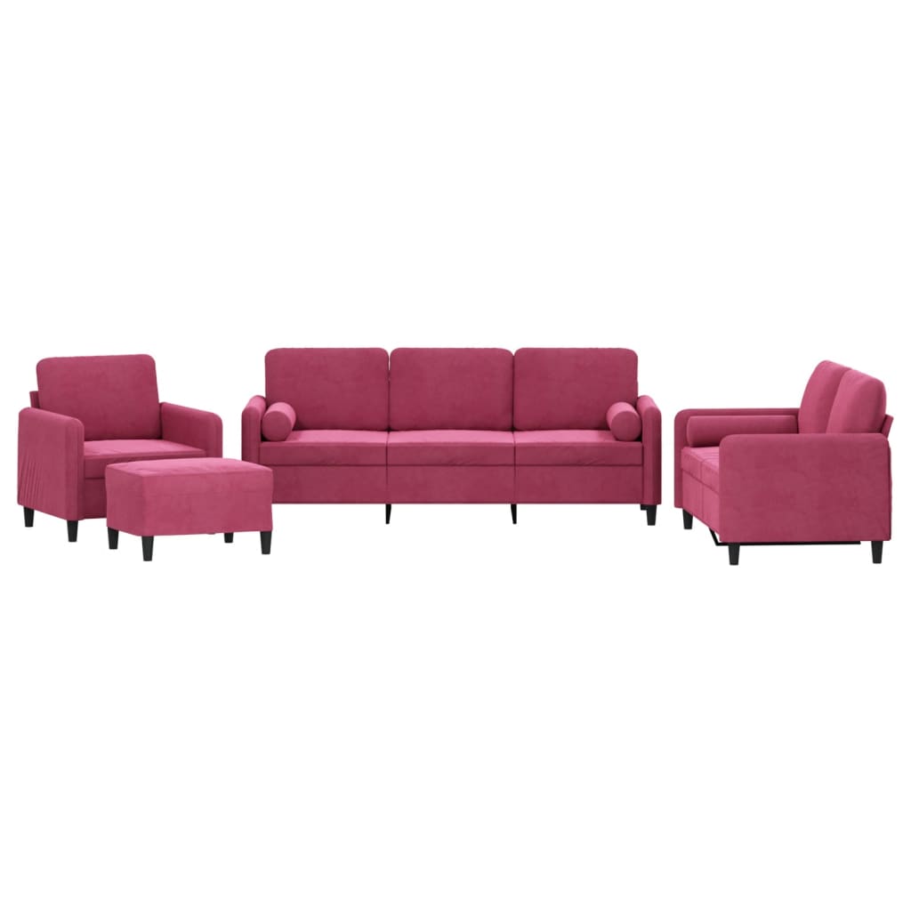 sofasæt 4 dele med puder velour vinrød