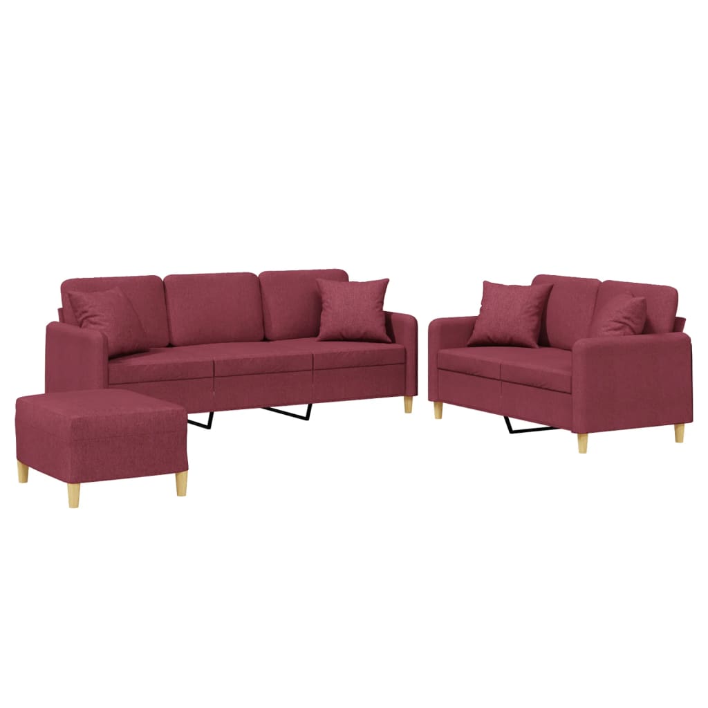 sofasæt 3 dele med puder stof vinrød