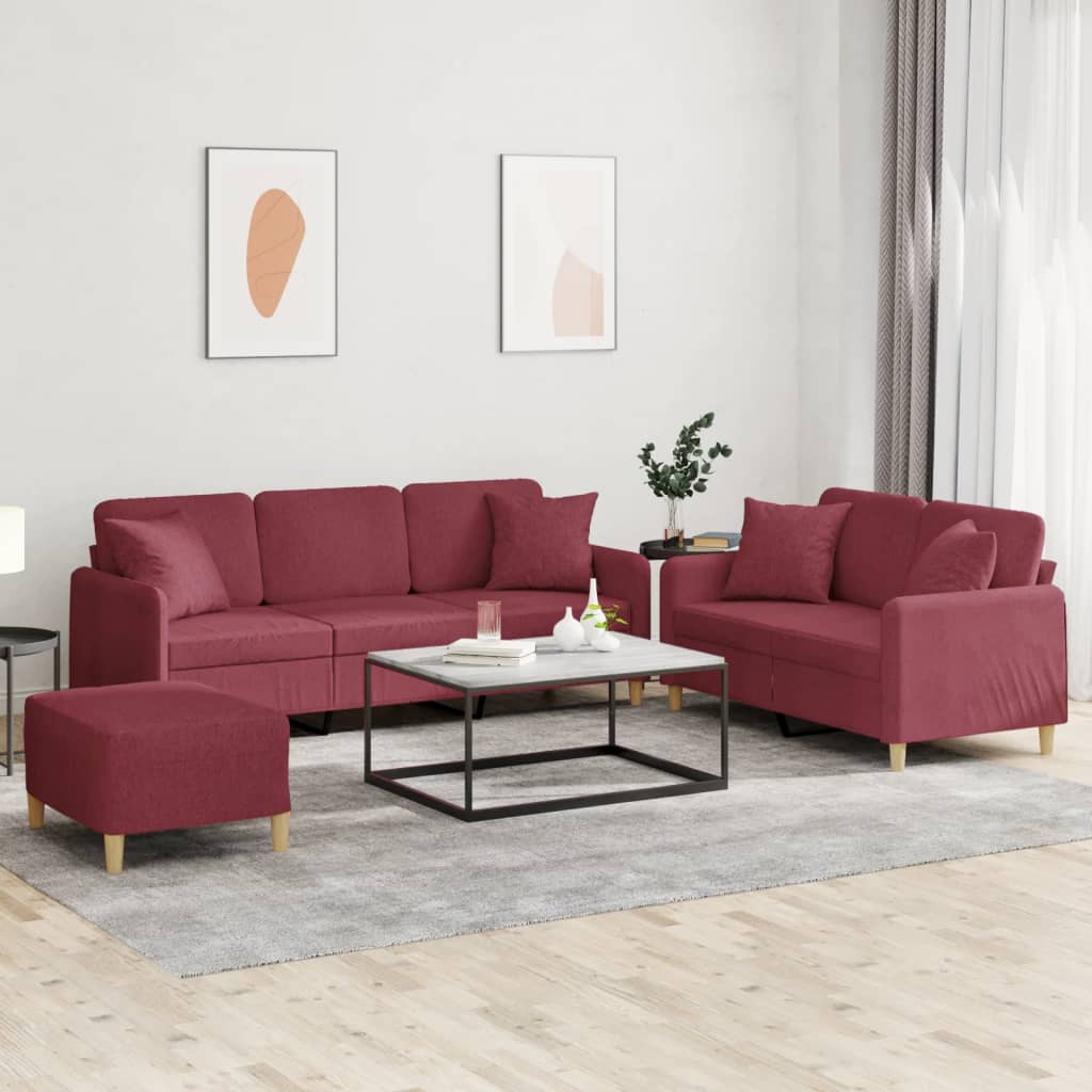 sofasæt 3 dele med puder stof vinrød