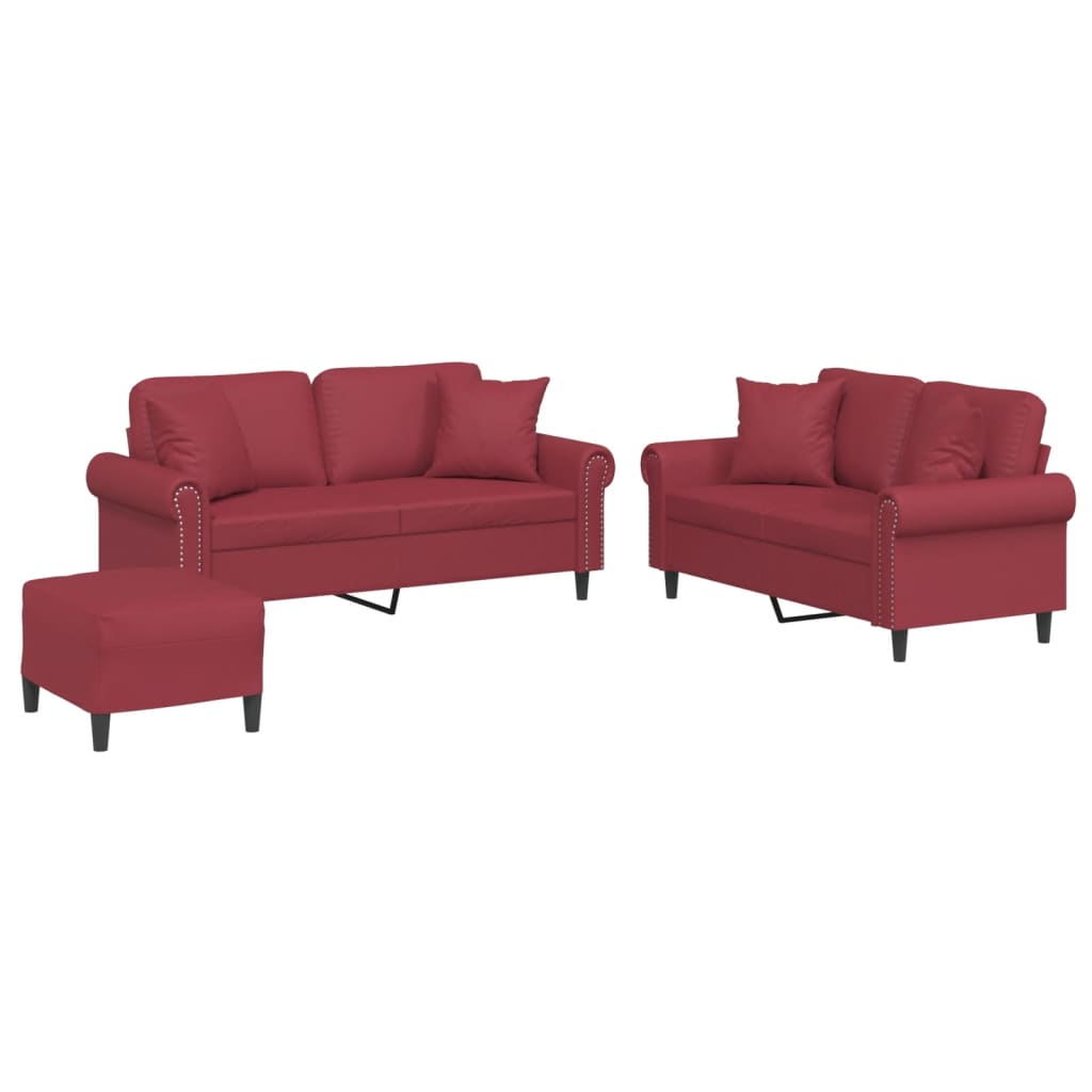 sofasæt 3 dele med puder kunstlæder vinrød