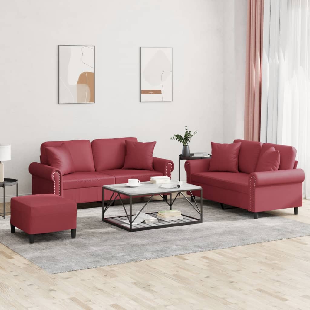 sofasæt 3 dele med puder kunstlæder vinrød