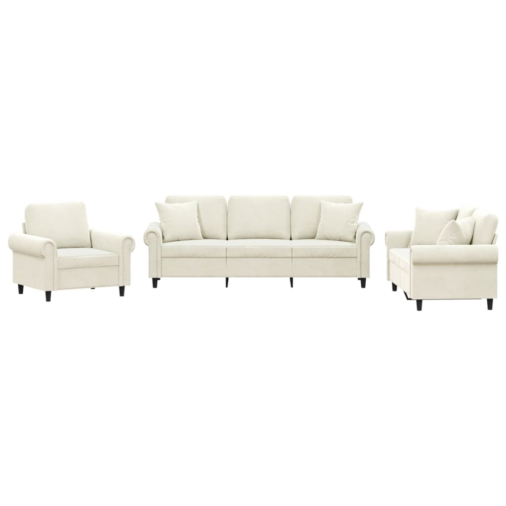 sofasæt 3 dele med puder velour cremefarvet