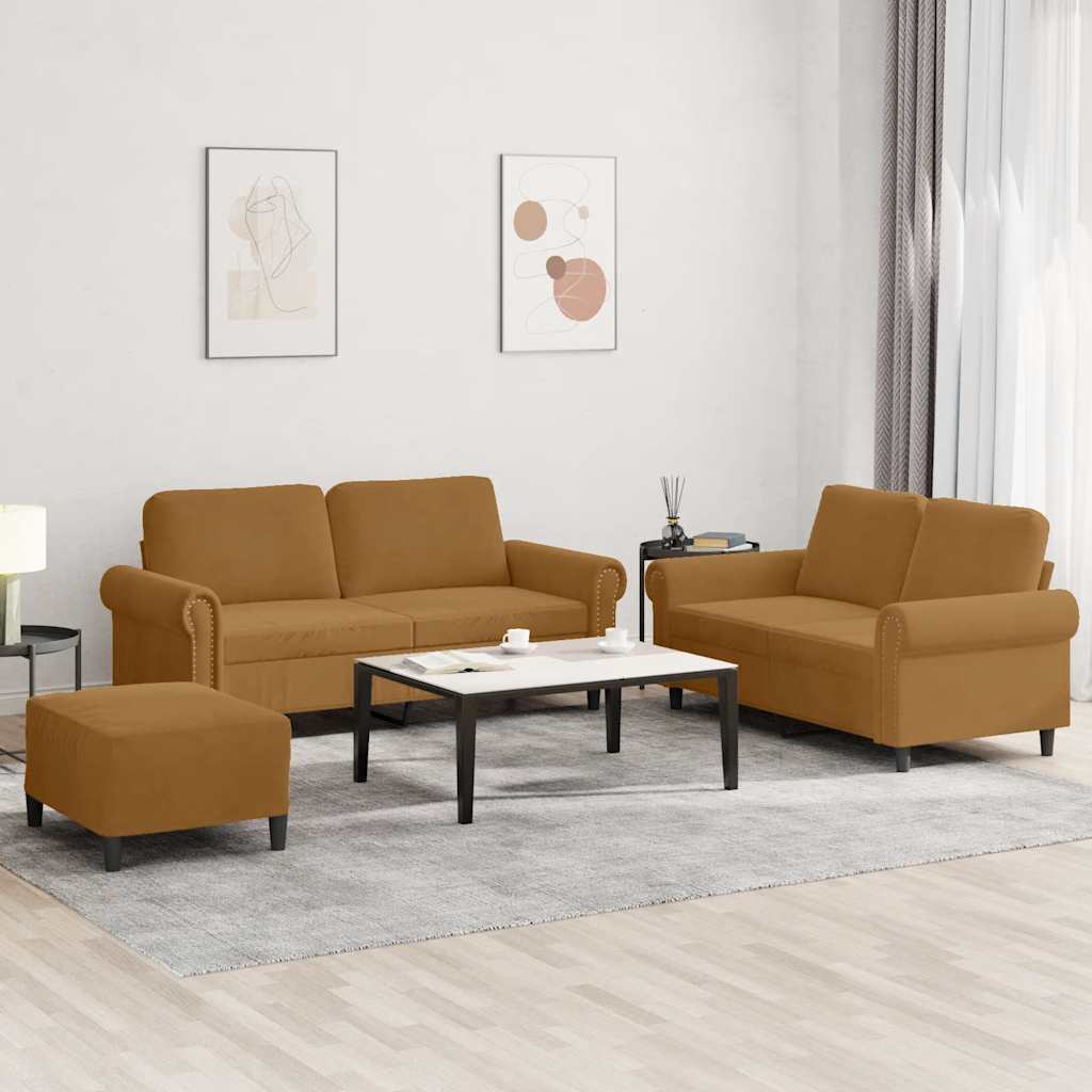 sofasæt 3 dele med hynder velour brun