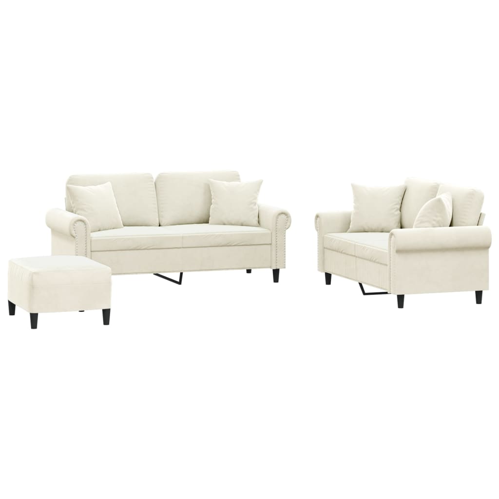 sofasæt 3 dele med puder velour cremefarvet