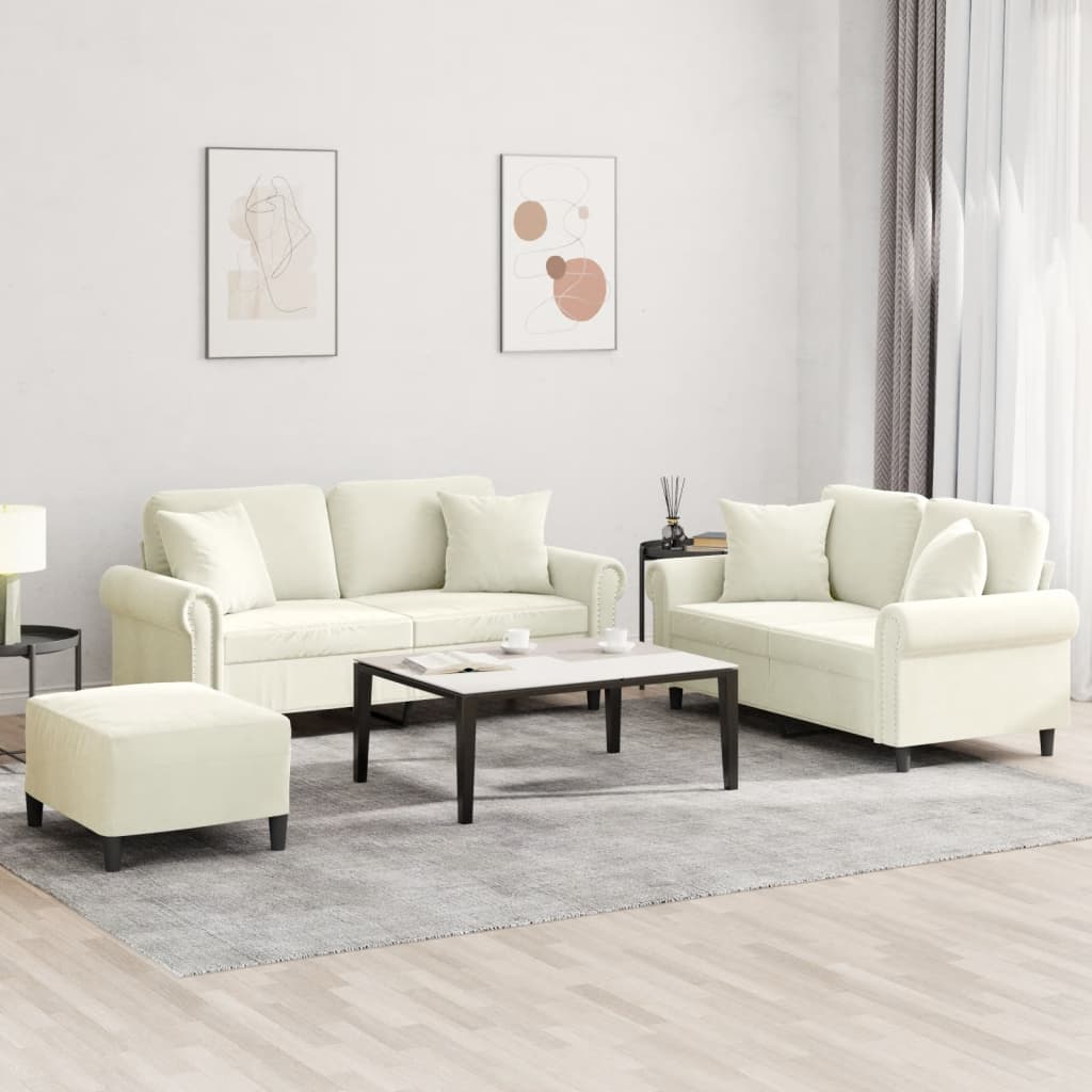 sofasæt 3 dele med puder velour cremefarvet