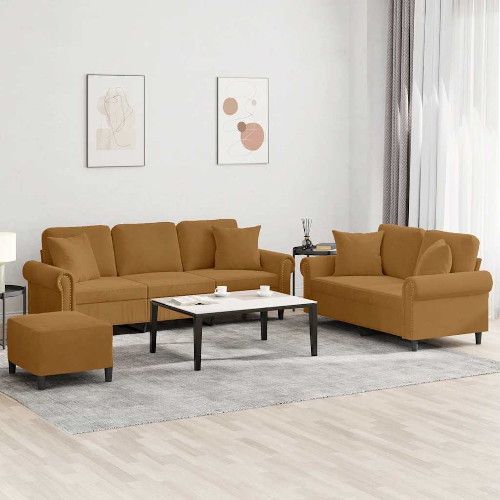 sofasæt 3 dele med puder velour brun