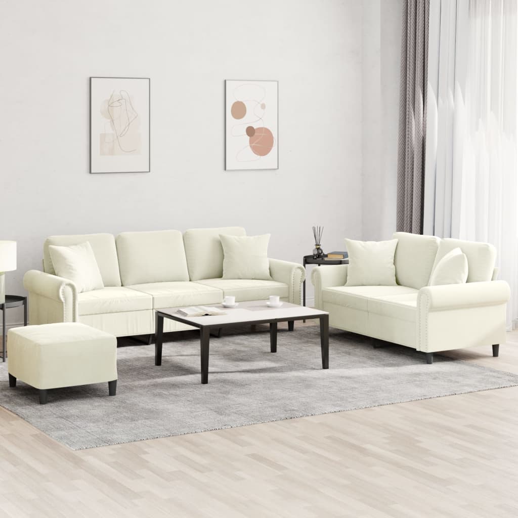 sofasæt 3 dele med puder velour cremefarvet