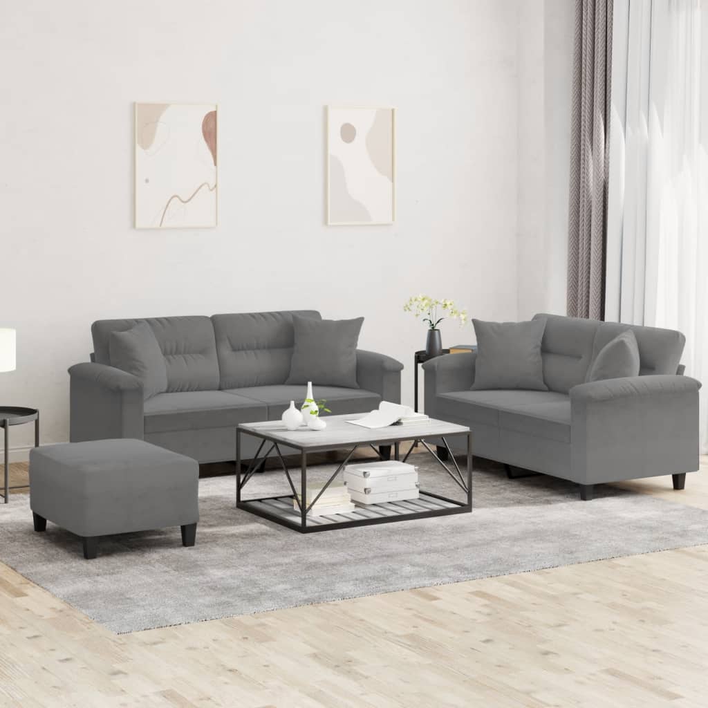 sofasæt 3 dele med puder mikrofiberstof mørkegrå