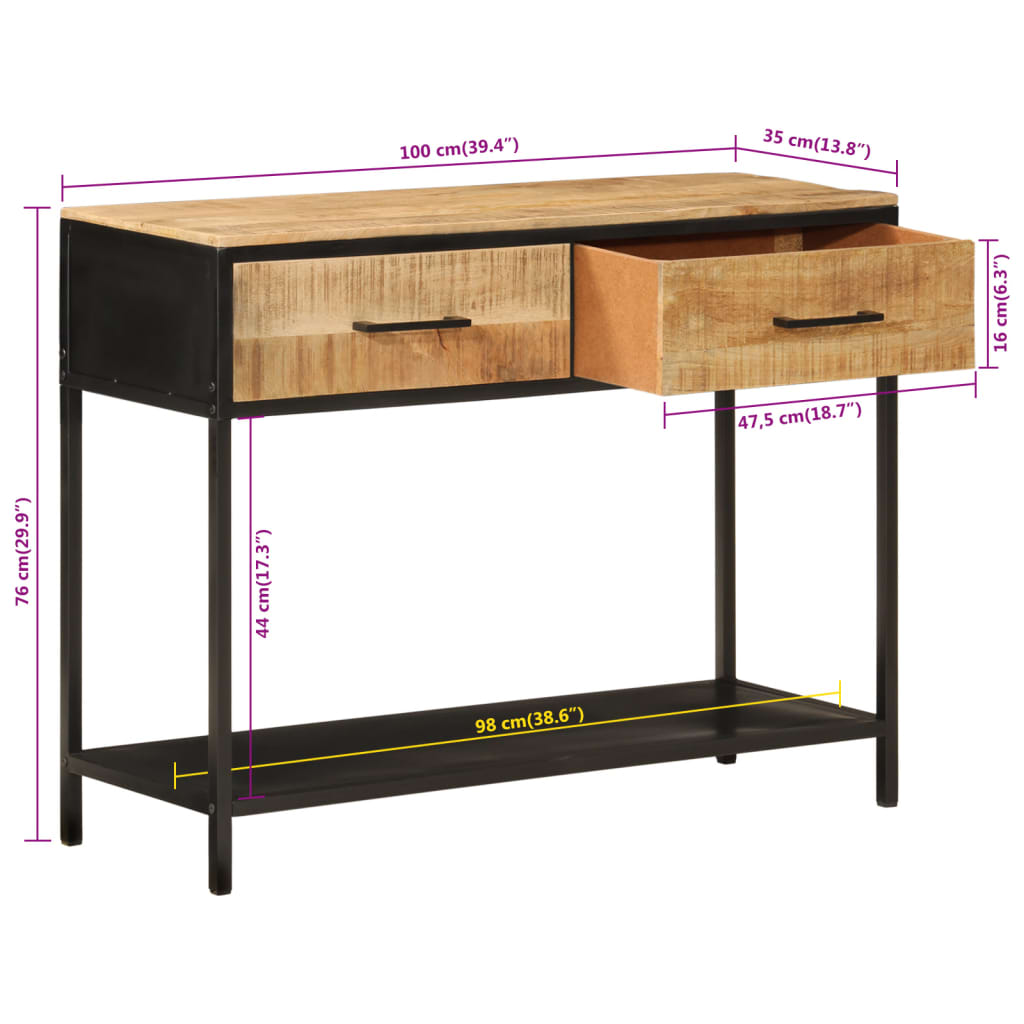 konsolbord 100x35x76 cm massivt mangotræ og jern