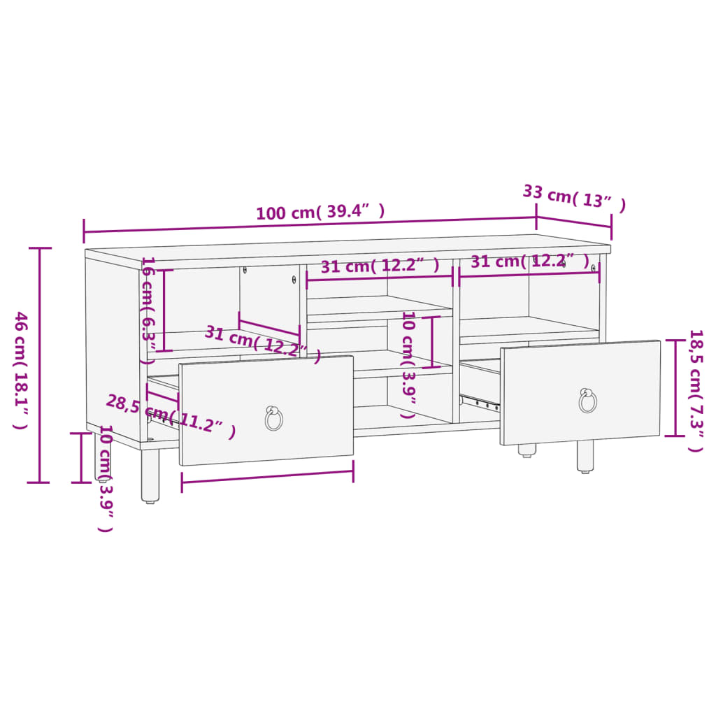 tv-bord 100x33x46 cm massivt mangotræ