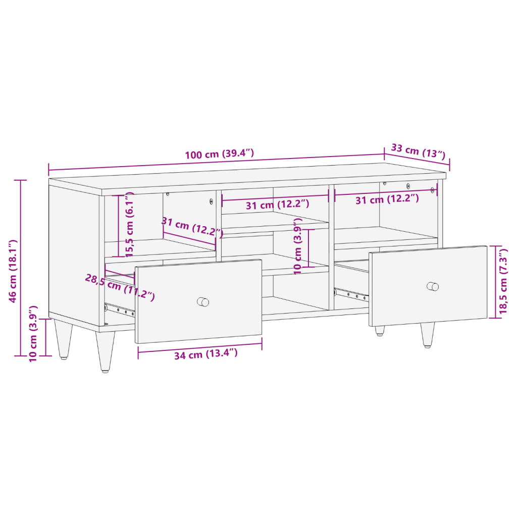 tv-bord 100x33x46 cm massivt mangotræ