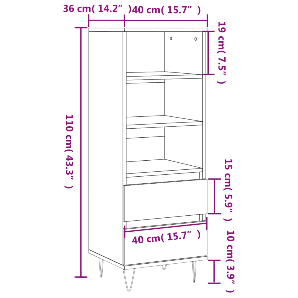 skab 40x36x110 cm konstrueret træ betongrå