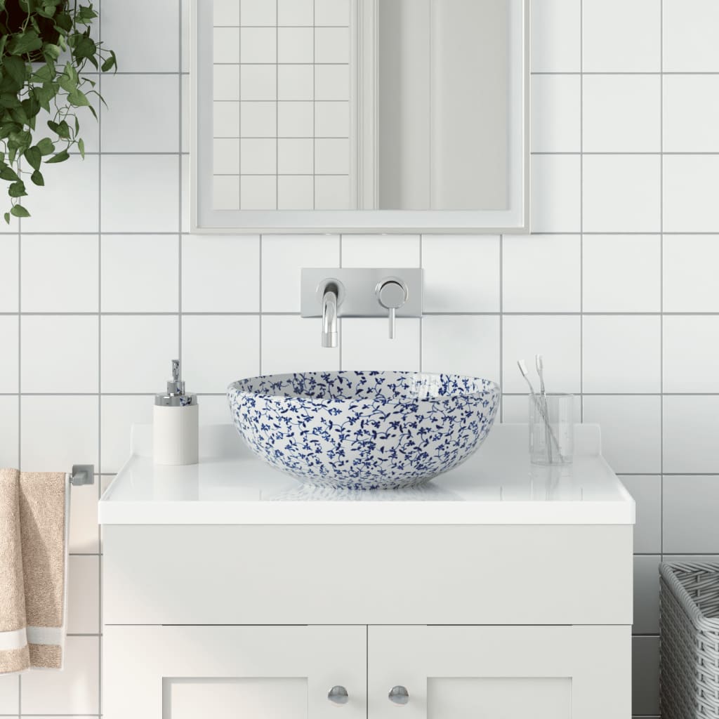 håndvask til bordplade Φ41x14 cm rund keramik hvid og blå