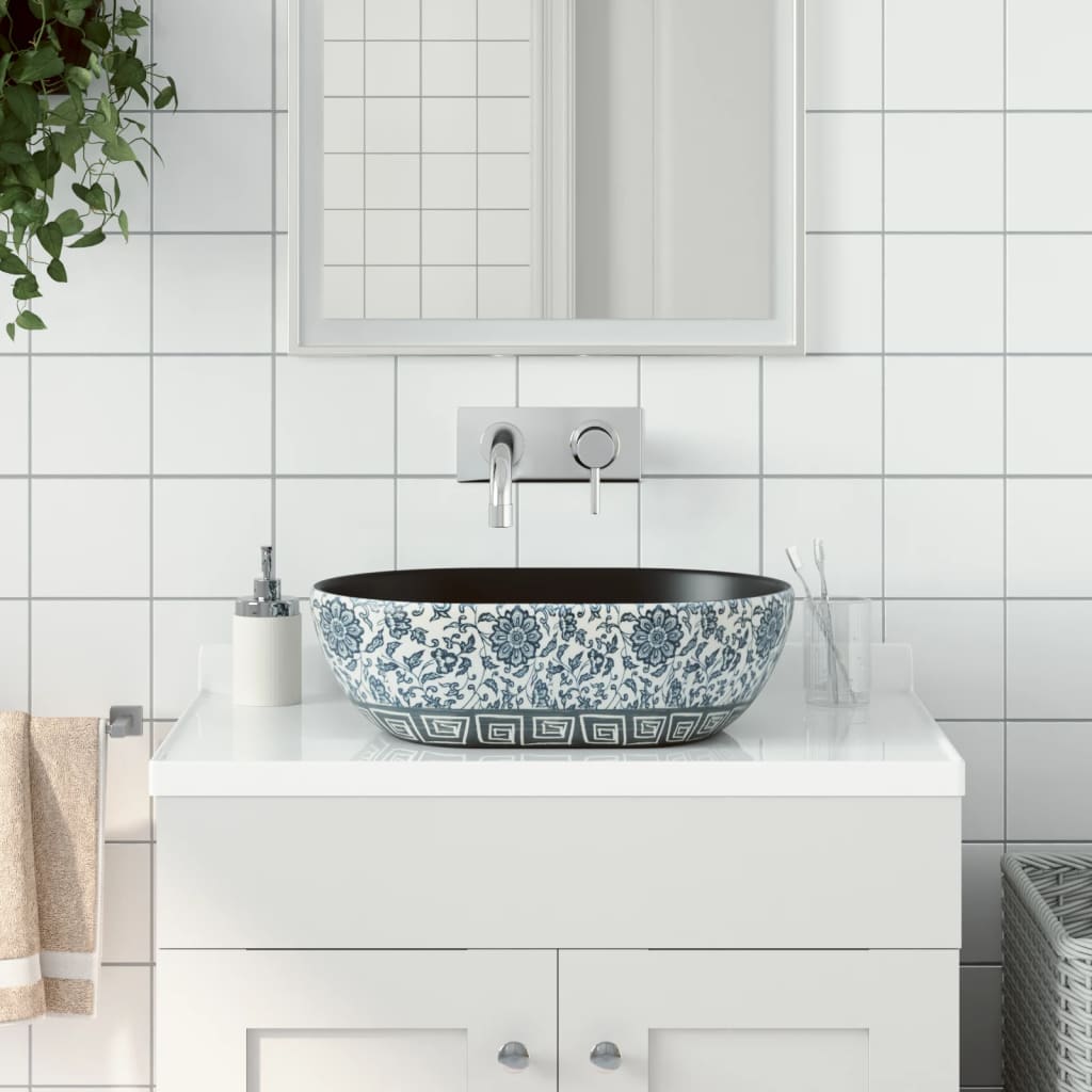 håndvask til bordplade 47x33x13 cm oval keramik sort og blå