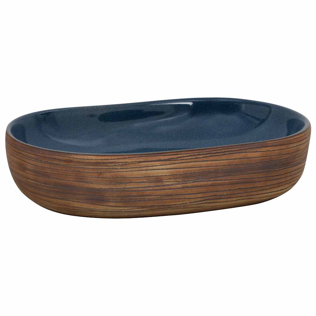 håndvask til bordplade 59x40x14 cm oval keramik brun og blå