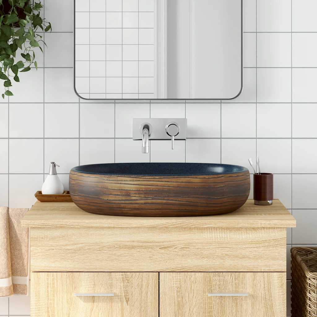 håndvask til bordplade 59x40x14 cm oval keramik brun og blå