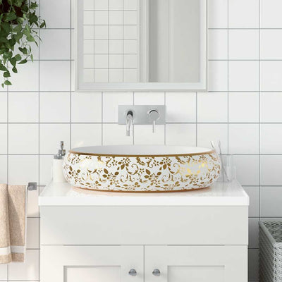 håndvask til bordplade 59x40x15 cm oval keramik hvid og guld