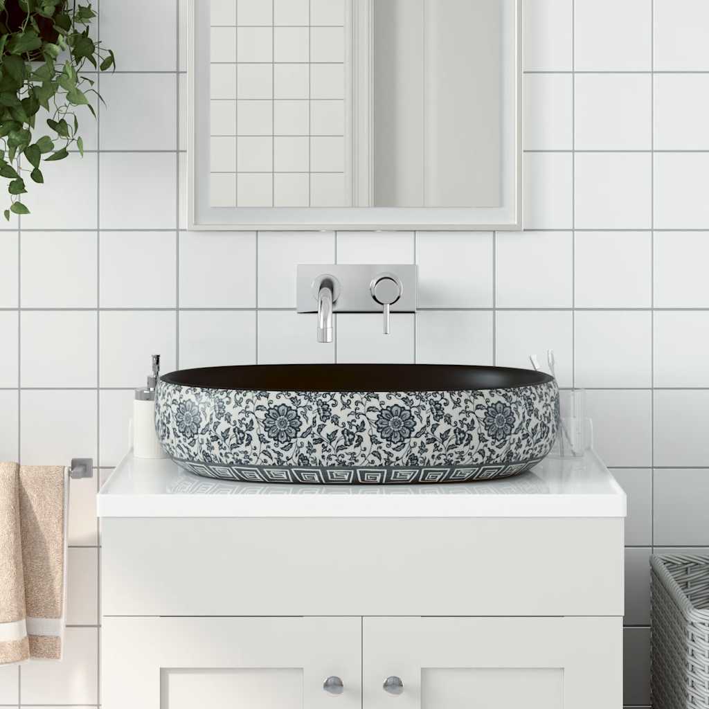 håndvask til bordplade 59x40x14 cm oval keramik sort og blå