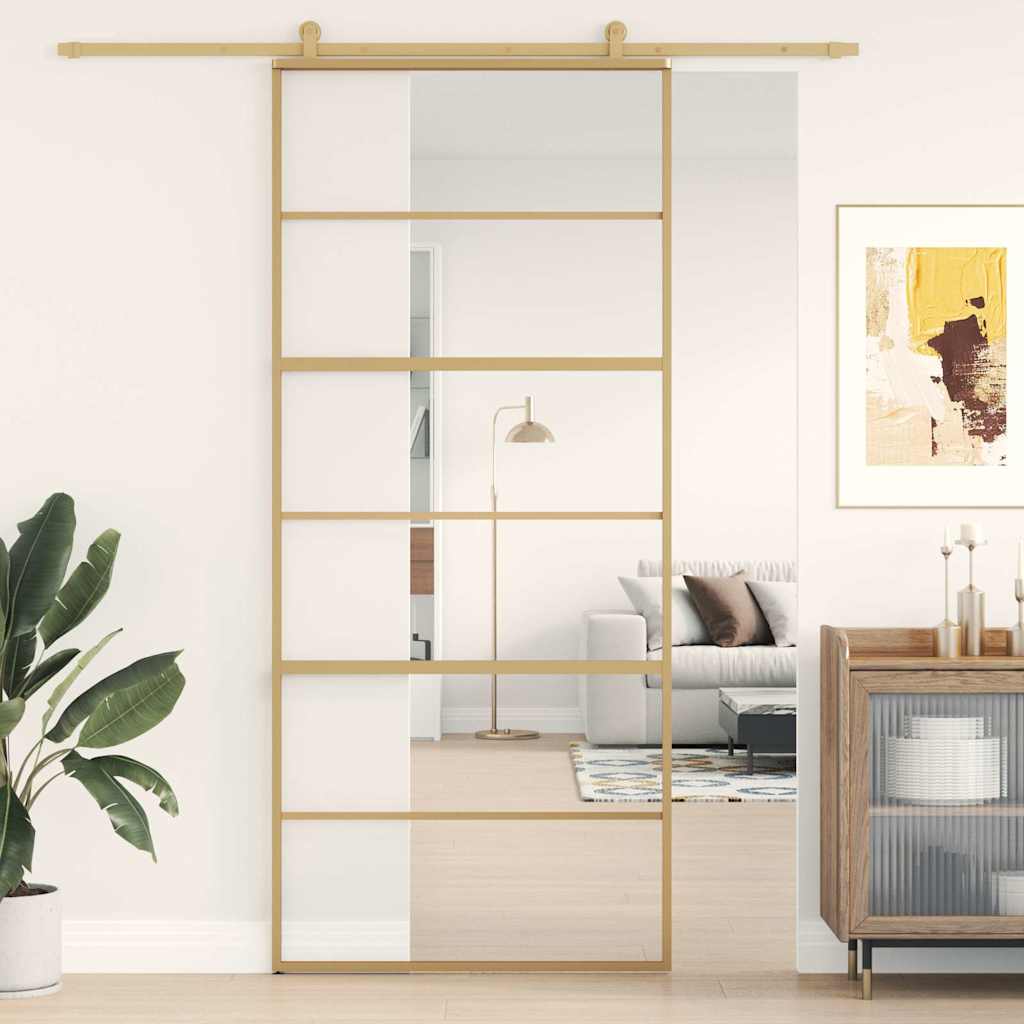 skydedør 90x205 cm klart sikkerhedsglas og aluminium guldfarvet