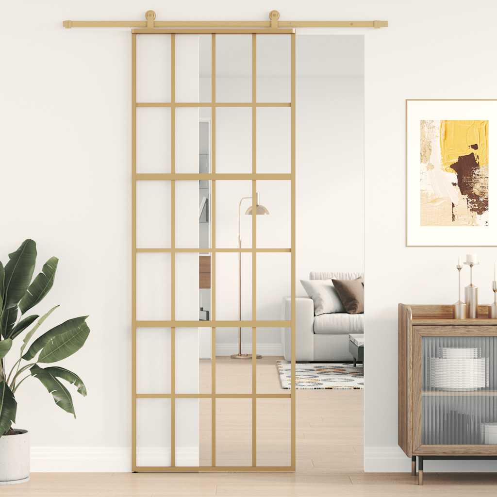 skydedør 76x205 cm klart sikkerhedsglas og aluminium guldfarvet
