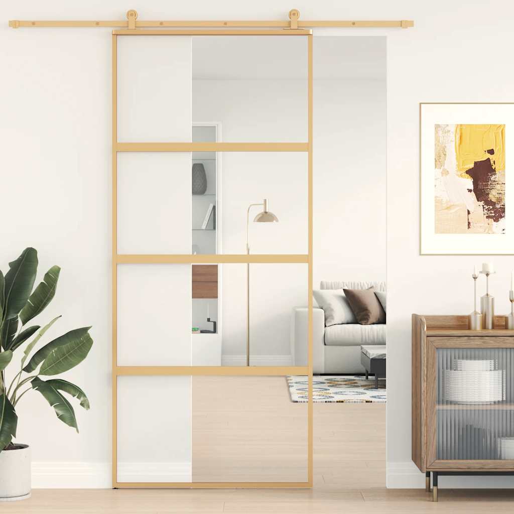 skydedør 90x205 cm klart sikkerhedsglas og aluminium guldfarvet