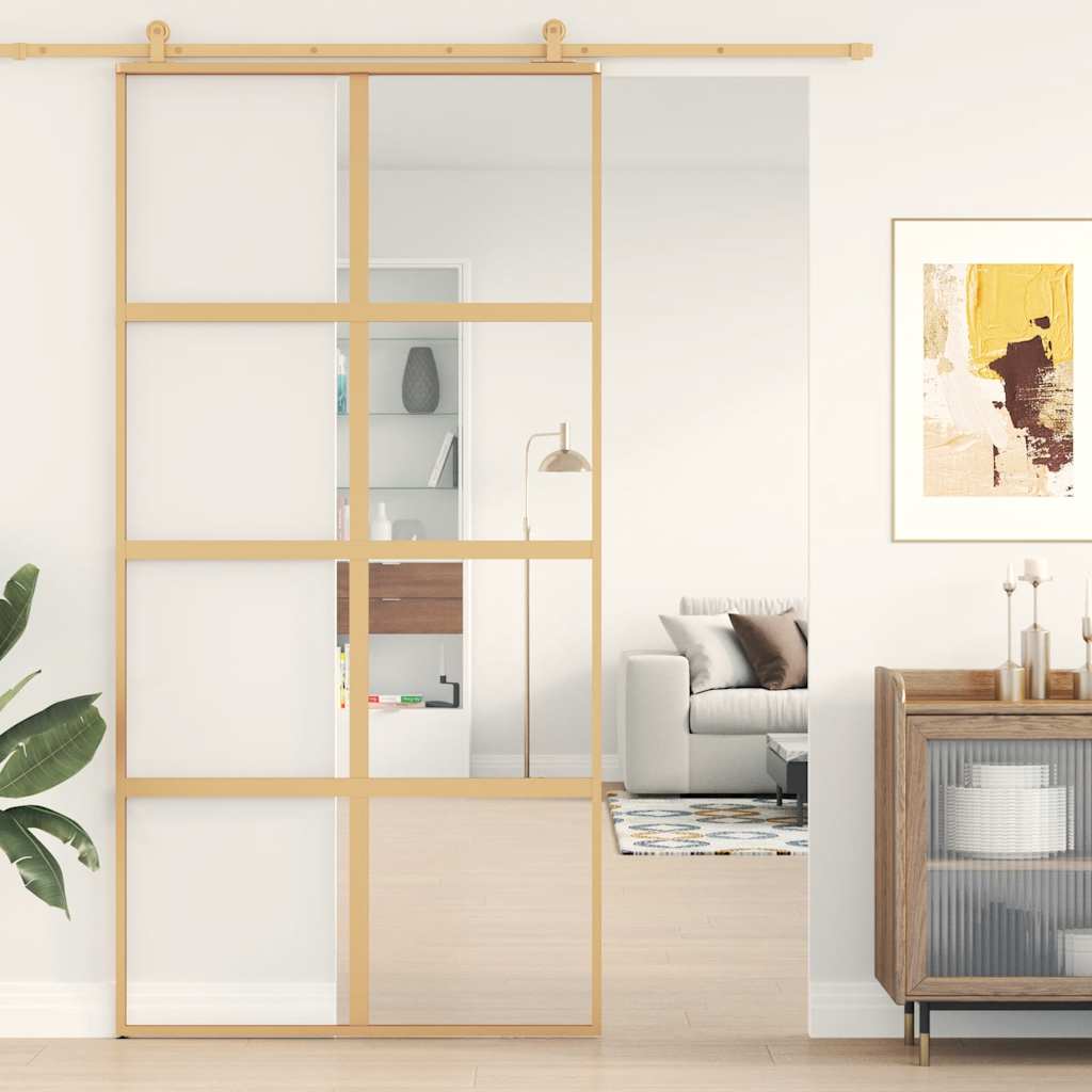 skydedør 102,5x205 cm klart sikkerhedsglas og aluminium gylden