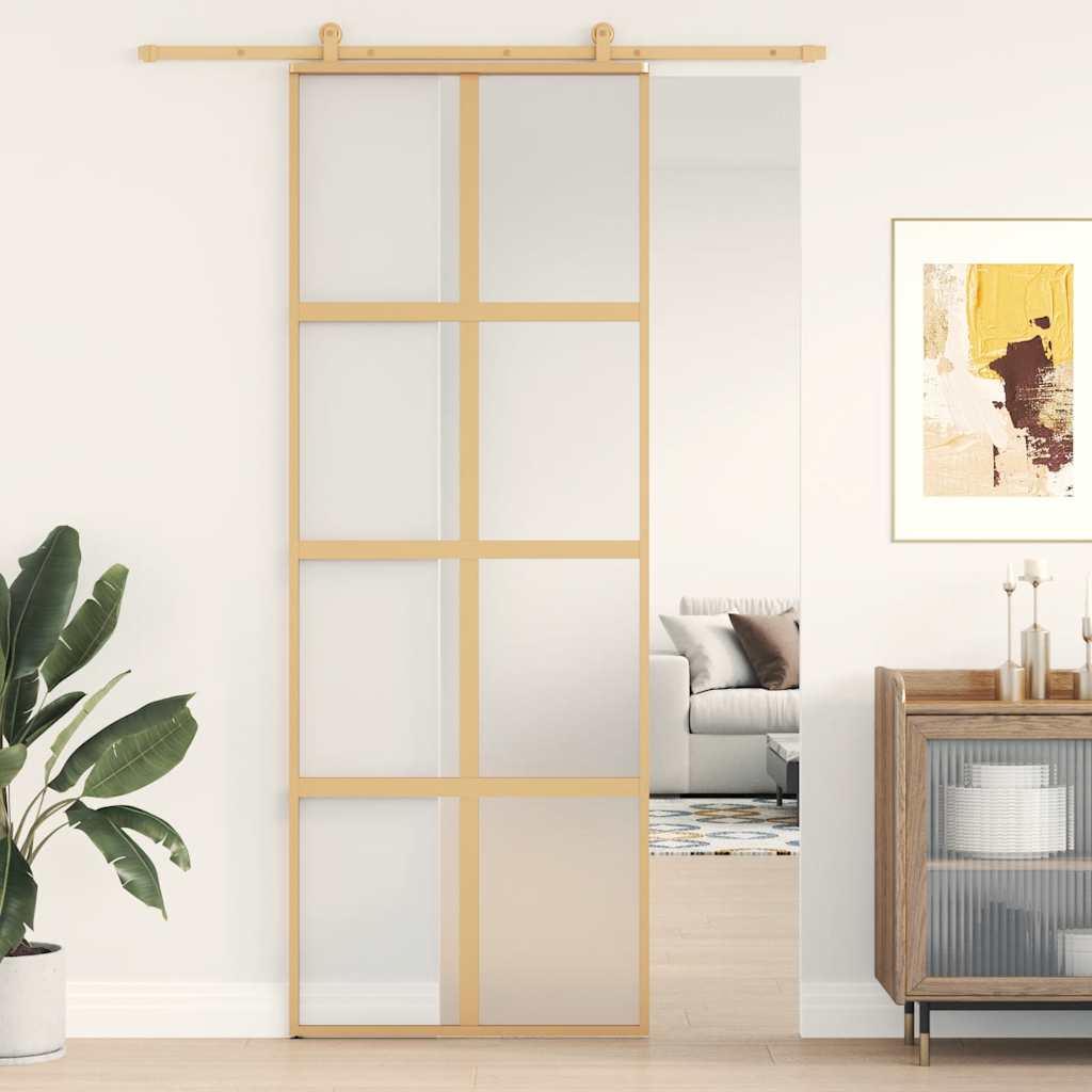 skydedør 76x205 cm matteret sikkerhedsglas og aluminium gylden