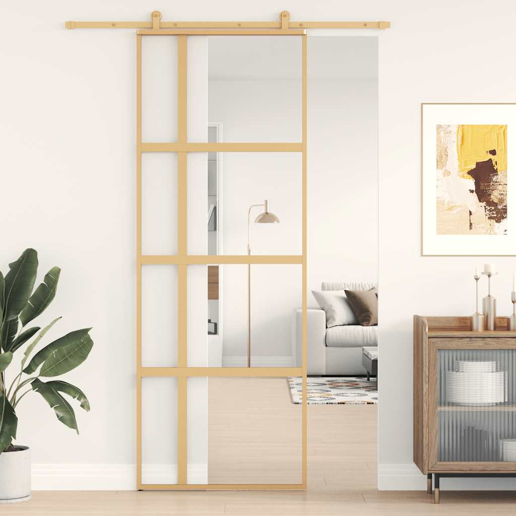 skydedør 76x205 cm klart sikkerhedsglas og aluminium guldfarvet
