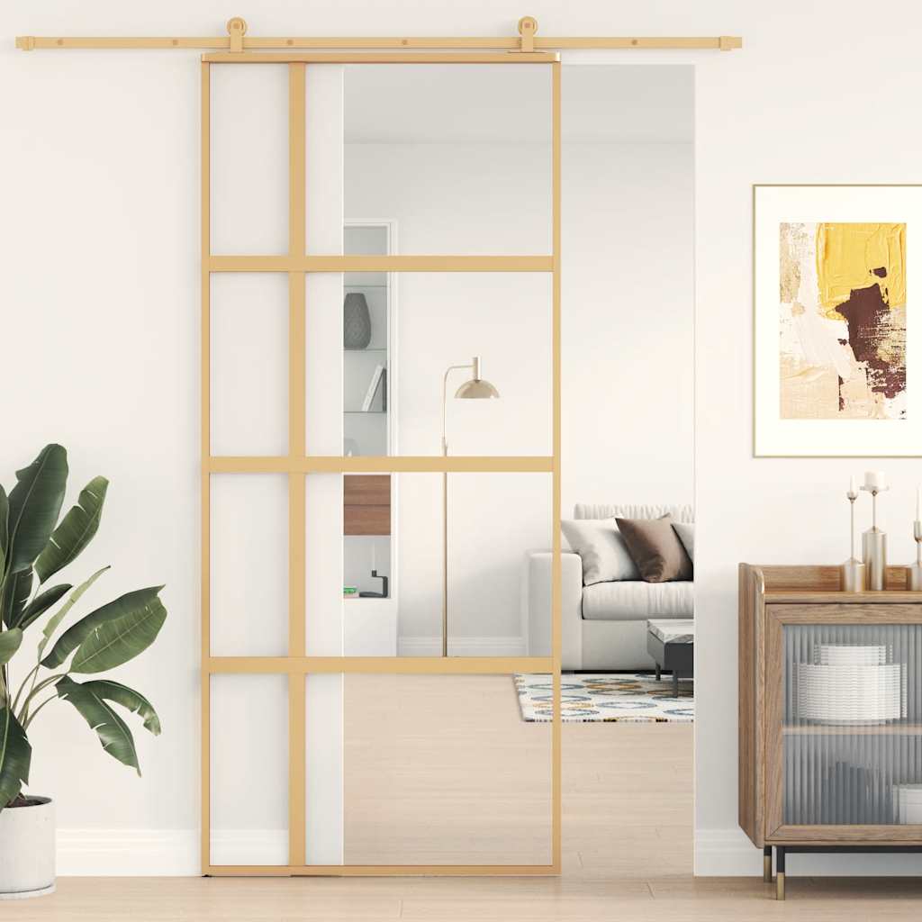 skydedør 90x205 cm klart sikkerhedsglas og aluminium guldfarvet