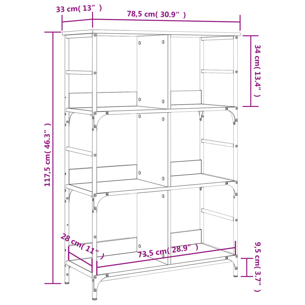 bogreol 78,5x33x117,5 cm konstrueret træ sonoma-eg