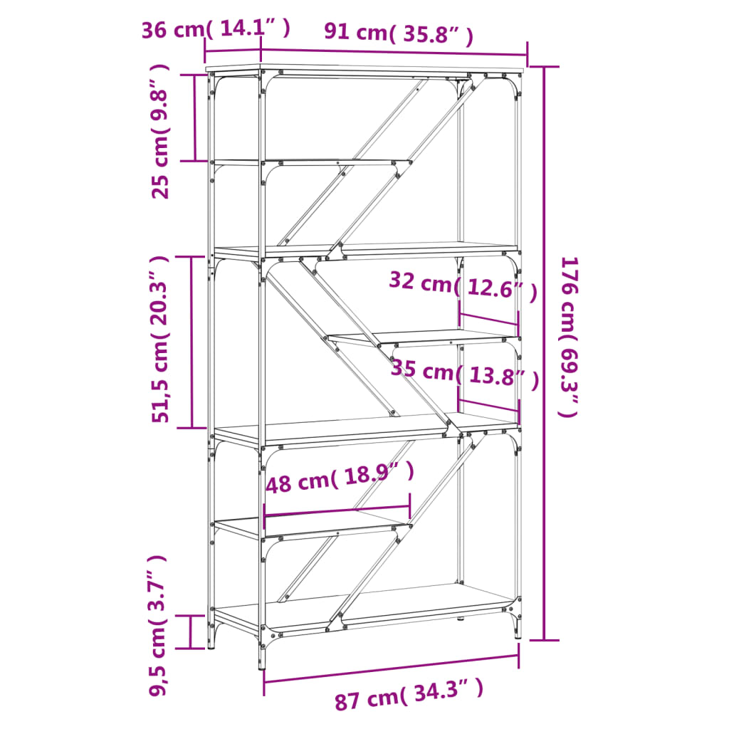 bogreol 91x36x176 cm konstrueret træ og jern sonoma-eg
