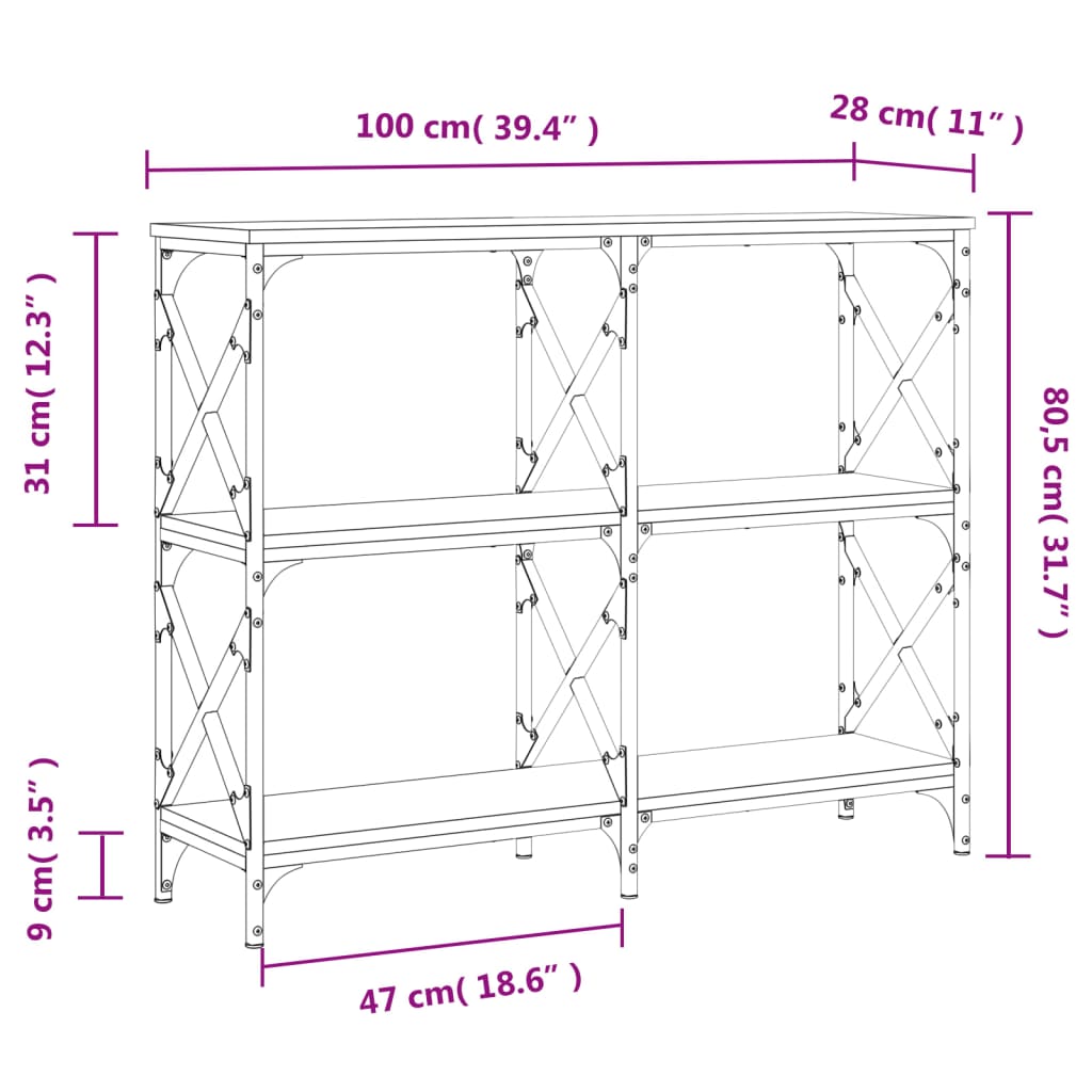 konsolbord 100x28x80,5 cm konstrueret træ røget egetræsfarve