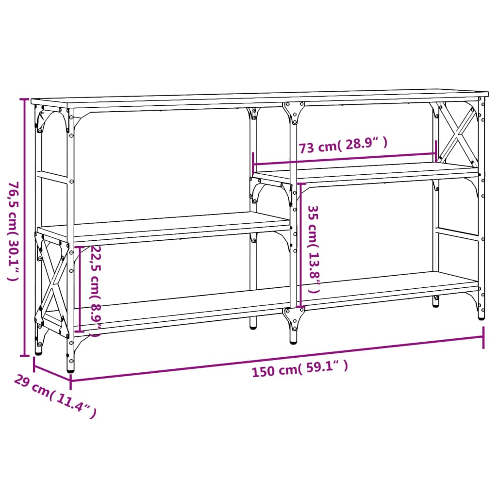 konsolbord 150x29x76,5 cm konstrueret træ røget egetræsfarve