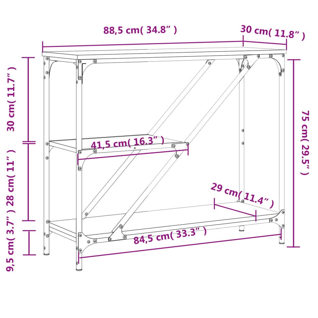 konsolbord 88,5x30x75 cm konstrueret træ sonoma-eg