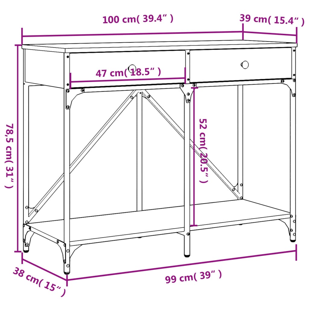 konsolbord 100x39x78,5 cm konstrueret træ røget egetræsfarve